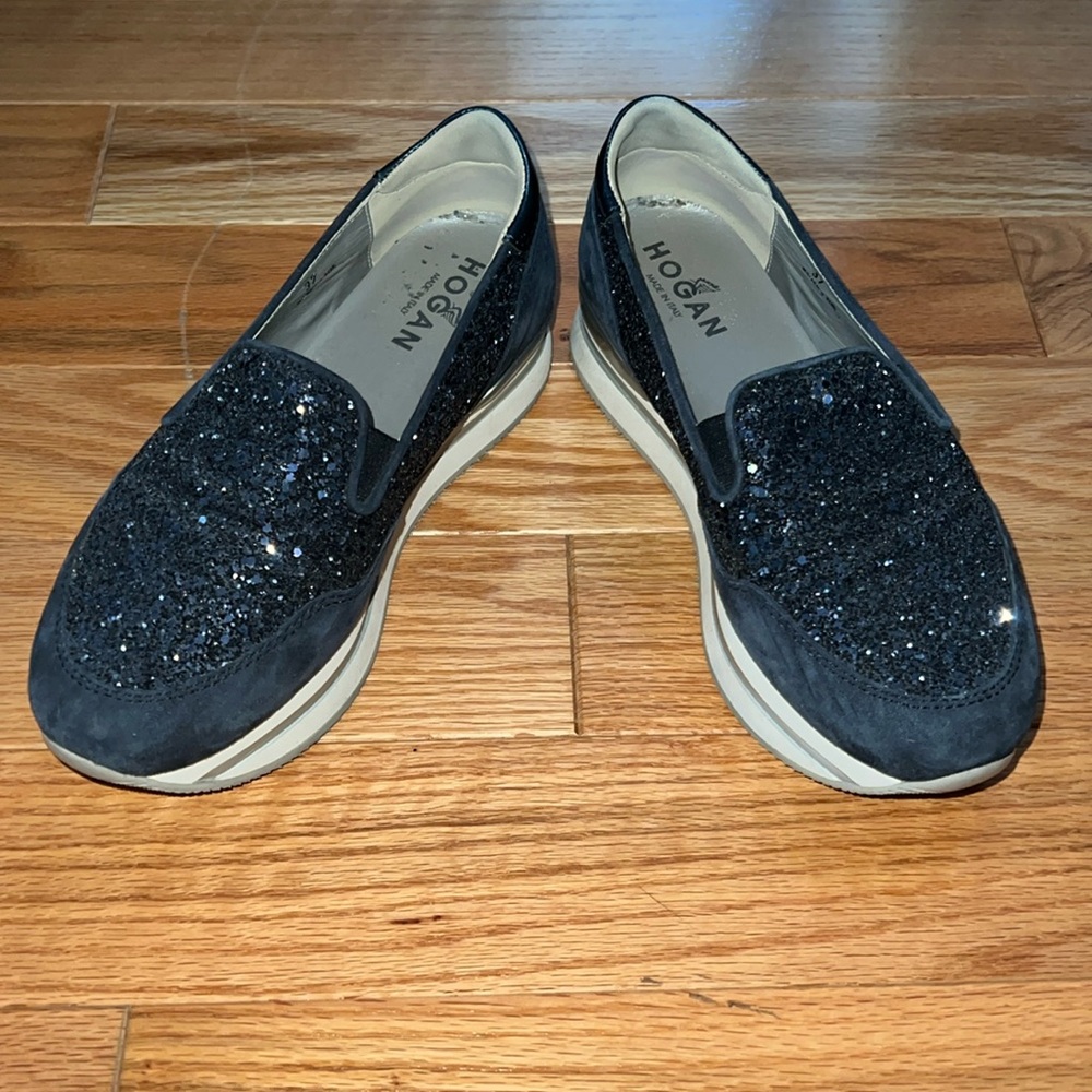 Hogan H222 Glitter And Suede Slip-ons Blue Platform 7